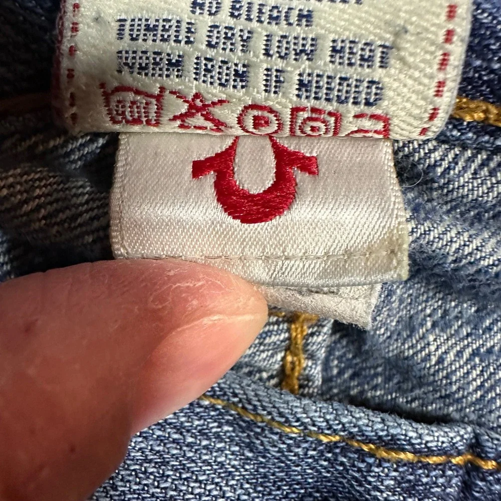 True Religion Billy Bootcut Jeans Mens 33 Blue Leather Horseshoe Made in USA